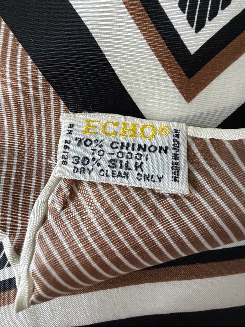Echo Vintage Echo signed rolled-edge silk scarf featuring a brown, black, and wh - Picture 8 of 10
